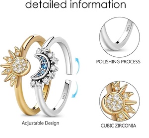 Ensemble de bagues tendance S925 en zircon soleil et lune pour femmes, cadeau de fiançailles, de fête ou de mariage, plaqué or 18 carats et rhodium - Product Image 4