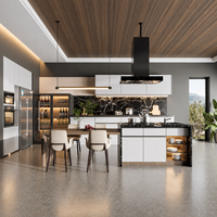 Ensemble d'armoires de cuisine résidentielles modernes haut de gamme en bois massif avec îlot de salle à manger, meuble de rangement pour bouteilles de vin intégré et unités de cuisine sans poignées