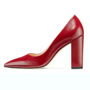 sepatu dekat toe menunjuk Suppliers-Solid Lichee Pola Tumit Tebal Pumps High Heels Sepatu Wanita Menunjuk Toe Merah Microfiber Atas Slip-On Wanita sepatu