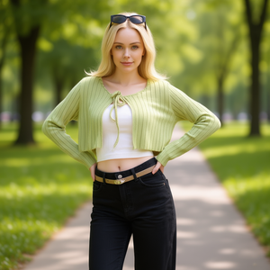 Cárdigan de Punto para Mujer, Manga Larga, Cuello Redondo, Cierre Cruzado, Color Sólido, Casual, Corto, para Todas las Temporadas - Product Image 2