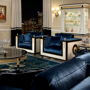 Sofá individual de terciopelo azul real de lujo, detalles dorados, adorno blanco, diseño clásico europeo, comodidad moderna, sofá de estudio para sala de estar - Product Image 3