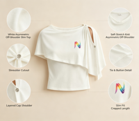 Atasan Wanita Putih Asimetris Off-Shoulder Slim Fit 2026 dengan Detail Ikat dan Potongan Bahu, Modern Fit, 100% Katun Ramah Lingkungan dan Bernapas