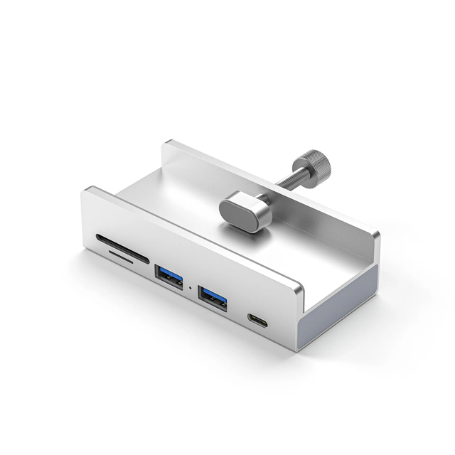 USB 3.0 Hub Clamp Aluminum 6-Port USB Splitter with Extra Power Supply Port Desktop Powered Hub for Monitors Desks