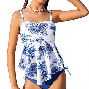 Wholesale Blue Palm Print <b>Tankini</b> Set Two Piece Swimwear <b>Women</b> Ruffle Flounce <b>Swimsuit</b> Modest Flowy Bathing Suit - Product Image 3