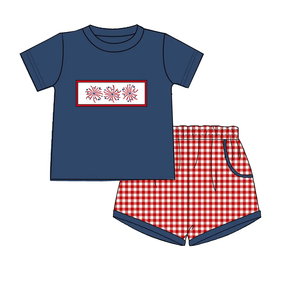 Puresun custom 4th of july kids clothes summer spring Independence Day baby boy clothing with firework embroidery