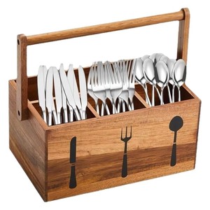 Wooden Silverware <b>Caddy</b> With Folding Handle Square Shape Standing Type For <b>Kitchen</b> Storage - Product Image 2