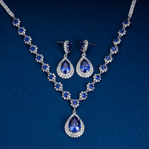 Custom Luxury 18K Gold Plated IGI Certified Diamond Earrings Necklace <b>Blue</b> <b>Sapphire</b> GRC Elegant Jewelry Set Wedding Parties - Product Image 2