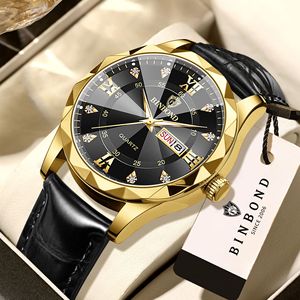 Binbond Men's Quartz Watch Black Dial Gold Case Leather Strap Waterproof Analog Business Casual Watch Model B2521 - Product Image 1