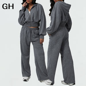 महिलाओं के लिए 2 टुकड़े हुक वाली लंबी आस्तीन स्वेटशर्ट ड्रॉस्ट्रिंग चौड़े पैर स्वेटर महिलाओं के लिए दो टुकड़े ट्रैक सूट सेट - Product Image 1