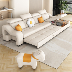 Cream Style Modern Minimalist Internet Celebrity Small Living Room New <strong>Sofa</strong> <strong>Bed</strong> cat Scratch <strong>Leather</strong> Retractable <strong>Storage</strong> - Product Image 5