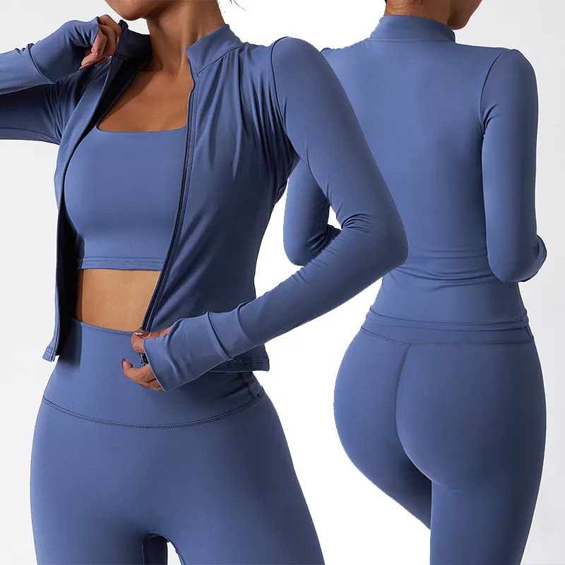Toptan spor giyim kadınlar için giysi setleri 3 parça Yoga ceketler egzersiz tayt spor sütyen üst spor giyim seti