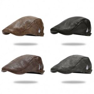 <b>Men</b> PU Leather Ivy Hat Newsboy Hat Adjustable Beret <b>Caps</b> Classic Golf <b>Flat</b> <b>Cap</b> Gatsby Driving Fishing Hat Autumn Warm <b>Cap</b> - Product Image 2