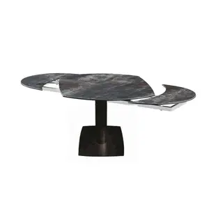 Extendable Ceramic top White Metal Base design furniture dining table with oval laminated swivel top