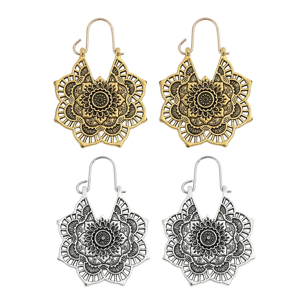 Stile Vintage Bohemia Minority oro argento orecchino in metallo per le donne orecchini con fiori cavi vacanza gioielli accessori