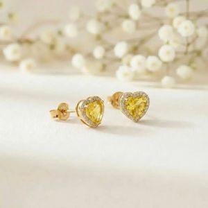 Handcrafted Lemon Quartz Heart <b>Stud</b> <b>Earrings</b> With CZ Halo Natural Yellow Gemstone In 925 Sterling <b>Silver</b> Or 18K Gold Filled - Product Image 3