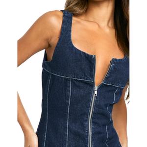 Nouvel Arrivage – Top Corset en Jean pour Femme, Délavage Foncé, Détails de Couture, Fermeture Éclair Avant, Sans Manches, Coupe Ajustée - Product Image 3