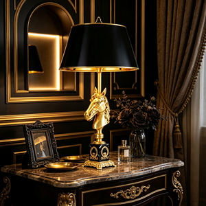 Lampe <span class=keywords><strong>de</strong></span> table <span class=keywords><strong>de</strong></span> luxe européenne en laiton avec tête <span class=keywords><strong>de</strong></span> <span class=keywords><strong>cheval</strong></span>, abat-jour en tissu noir, lampe <span class=keywords><strong>de</strong></span> chevet/bureau dorée antique pour villa, chambre, hôtel, décoration intérieure - Product Image 5