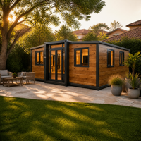 Maison conteneur moderne extensible, préfabriquée, aspect bois, maisonnette modulaire, villa avec porte en verre double vitrage, vente en gros usine