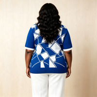 Cardigan Confortable à Manches Courtes pour Femme, Col en V, Motif Jacquard Abstrait Tendance, Détail Lettres, Grande Taille, Veste Tricotée – Prix Compétitif
