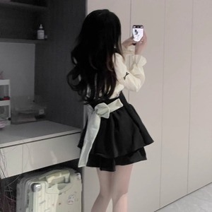 Chimelong WP-8050 Apricot Shirt Black Suspender Skirt Set Princess Sleeves Solid Color Casual Dress Two Piece Set - Product Image 2