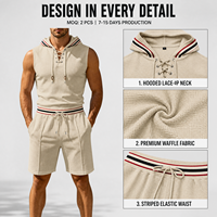 Ensemble 2 pièces décontracté pour homme en tricot gaufré, débardeur à capuche sans manches à lacets et short à cordon de serrage, avec bordure rayée, pour l'été