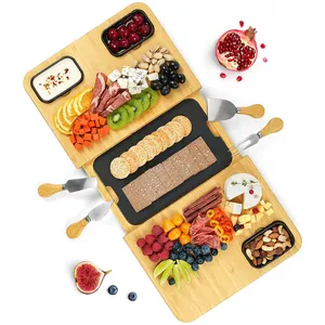 Hot Selling Bamboo Charcuterie Boards Set With 3 Sauce Bowls And 4 Knives And Slate Plate Unique Cheese Board Serving Tray