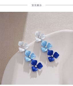 S925 Silver Needle <b>Spray</b> Paint Gradient Blue <b>pink</b> Color Flower Tassel Earrings With Diamond Earrings - Product Image 3
