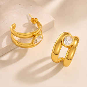 Pendientes Clásicos de Doble Capa con Zirconia Redonda Incrustada en Acero Inoxidable Chapado en Oro de 18K para <span class=keywords><strong>Mujer</strong></span>, Joyerí<span class=keywords><strong>a</strong></span> de Moda - Product Image 4