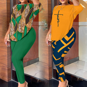 Dropshipping Products Printemps Automne Vêtements <span class=keywords><strong>pour</strong></span> femmes Dames Fashion Print Casual Bare Back t Shirts Tops Pants Two Piece Women Sets - Product Image 6
