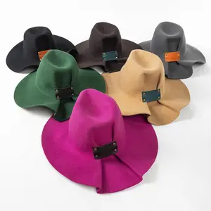 Europe america new fashion wrinkled leather rivet wool winter hats ladies warm wide brim concave modeling 100% wool felt hat