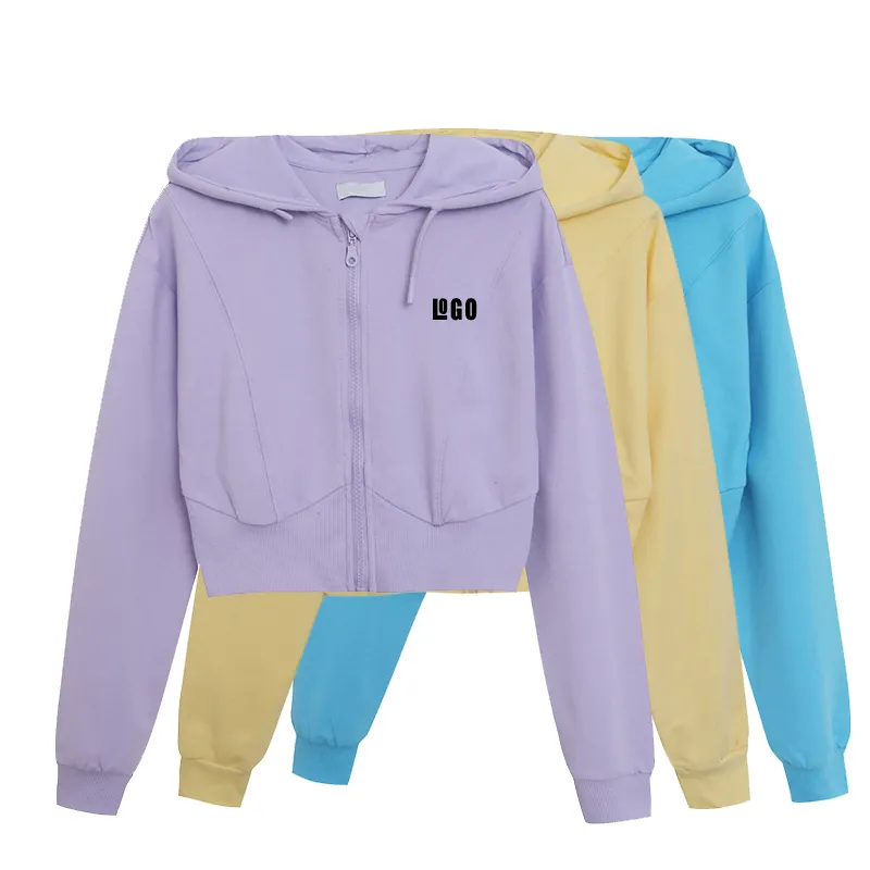 top quality custom logo wholesale bulk plain blank cropped top zip up cotton polyester hoodie woman