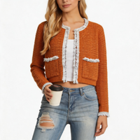 Hochwertiger Burnt-Orange Strickcardigan im Tweed-Stil mit Strukturierter Oberfläche, Fransenbesatz, Rundhalsausschnitt, Offener Front, Kurzer Schnitt und Langen Ärmeln