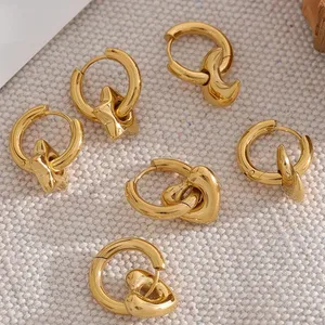 Cute 18K Gold Plated Stainless Steel Huggie Moon Heart Star Charm Earrings For Women