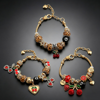 Bracelet à breloques imprimé léopard en gros, chaîne dorée, pendentifs cerise, fraise, cœur, boule 8, bracelet DIY pour femme, bijoux