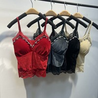Top de terciopelo de alta calidad con encaje y tirantes finos para mujer, con almohadillas en el pecho, estilo Socialite, para usar como prenda interior.