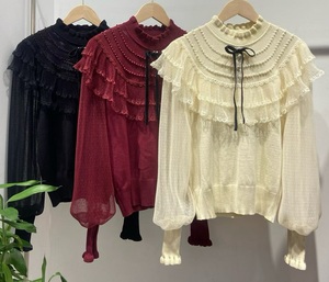 Nuovi Maglioni <span class=keywords><strong>in</strong></span> Vendita 2025 Autunno Inverno, Top da Donna con Perline e Fiocco, Sexy <span class=keywords><strong>in</strong></span> <span class=keywords><strong>Tulle</strong></span> e Rete, Maniche Lunghe, Colore Albicocca Rosso - Product Image 1