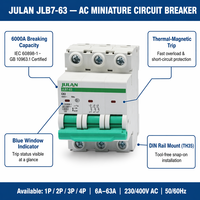 Interruptor Automático en Miniatura JLB7-80 1P 2P 3P 4P 6A-63A 230/400V 6kA Riel DIN AC MCB IEC60898-1 Protección Contra Sobrecarga y Cortocircuito