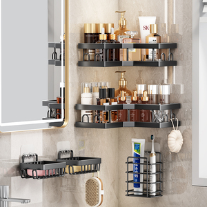 Étagère de salle de bain en plastique à 2 niveaux, à fixer au coin, noir mat, gain de place, pour produits de toilette et soins de la peau - Product Image 4
