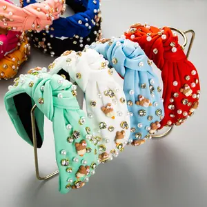 Diadema personalizada Marchspring, diadema ancha de tela con perlas de diamantes anudados de Color caramelo, accesorios para el cabello de estilo coreano, venta al por mayor