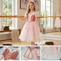 Robe de tutu rose pour filles R1624, manches bouffantes en dentelle, corsage croisé avec jupe en tulle superposée pour la performance de ballet sur scène
