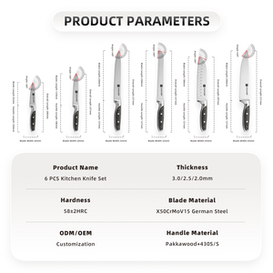 Ensemble de couteaux de cuisine professionnels en acier allemand 6 pièces, acier inoxydable X50CrMoV15, couteaux avec manches ergonomiques en Pakkawood pour OEM - Product Image 4
