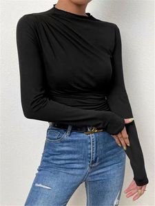 Camiseta de Moda para Mujer, Color Sólido, Corte Ajustado, Estilo Moderno, Combinable con Todo, Pliegues, Manga Larga, Tops para Damas - Product Image 3