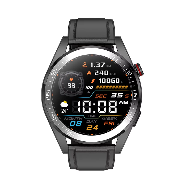 Smart Watch with Amoled Screen for Music & Call Features Blood Pressure & Oxygen Monitoring Leather Band