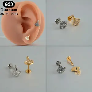 ASTM F136 Titanium Geometry Mirco Zircon Silver Gold Plated Labret Internally Threaded Tragus Earring Ear Studs Wholesale