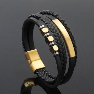Pulsera de Cuero Genuino Multicapa con Espaciador de Acero Inoxidable Personalizado <span class=keywords><strong>para</strong></span> <span class=keywords><strong>Hombre</strong></span>, Botón Magnético, Joyería Vintage con Trenzado Masculino - Product Image 5