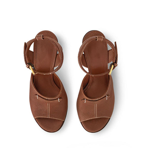 Sandales rétro en cuir motif litchi pour femme, à talon compensé haut et épais, avec bride de cheville et boucle monobloc, pour l'été - Product Image 4