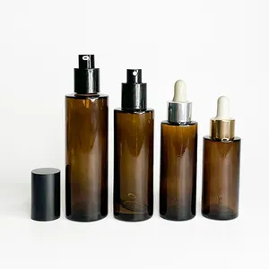 Amber Glass Cosmetic Bottles Set 30 Ml 60 Ml 80 Ml 100 Ml Empty Amber Toner Lotion Glass Bottles