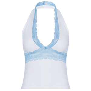 Camiseta sin mangas con cuello en V y ribete de encaje de punto transpirable y ajuste ceñido para mujer, estilo dulce - Product Image 6