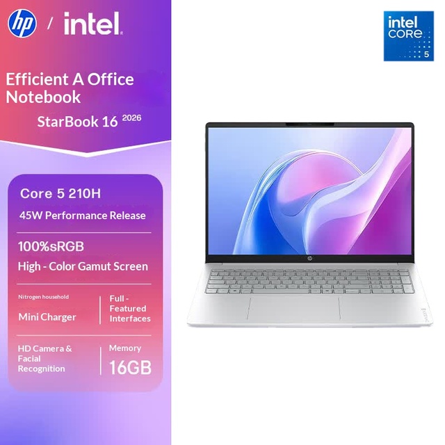 HPs StarBook 16 2026 16" Large Screen Slim Laptop Optional Intel Core 5 Core 7 Multiple Configurations Business Office Notebook