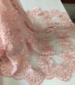 best selling evening dress pink lace fabric heavy hand beaded pearl sequin embroidery lace fabric for dresses